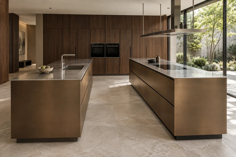 Cocina con doble isla, frentes bronce y madera