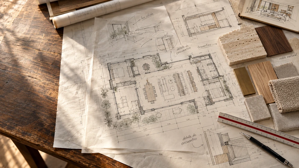 Mesa de proyecto con planos y anotaciones a mano, travertino y muestras de madera, metal y textiles